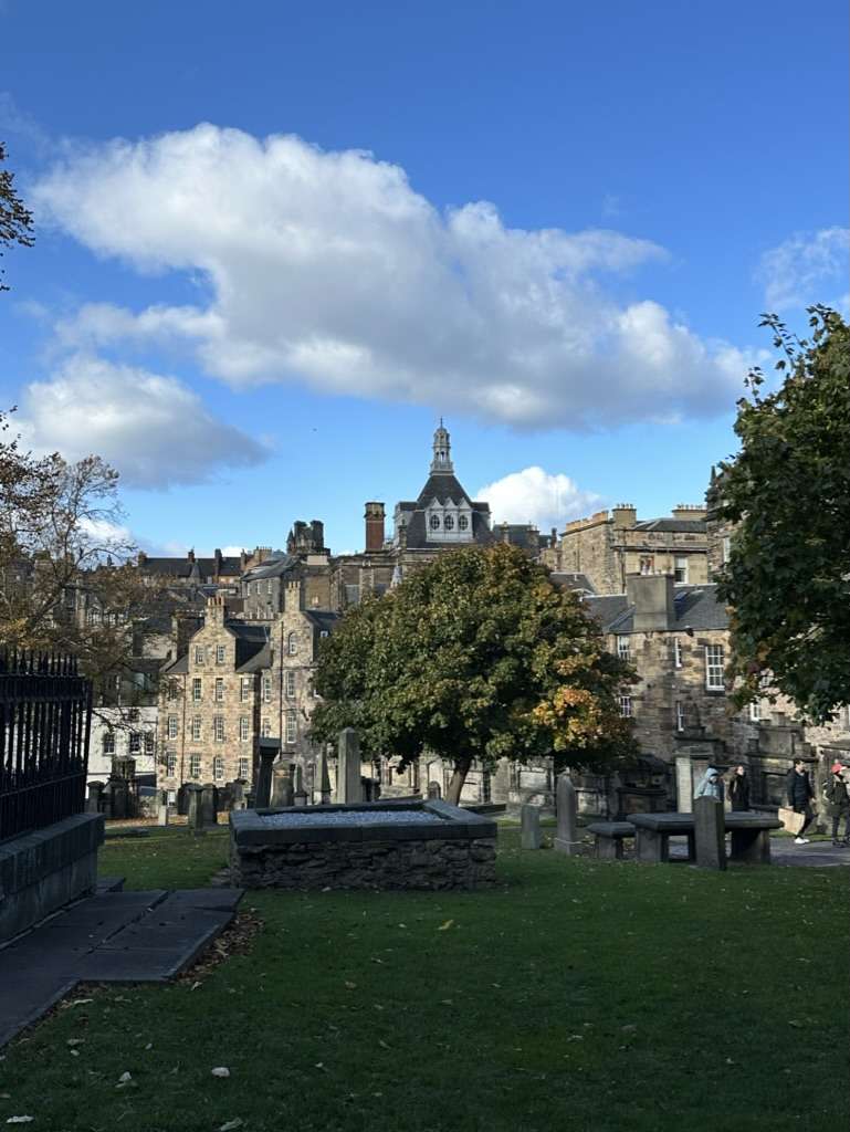 Prato con tombe al cimitero di Greyfriars e vista dei palazzi della città