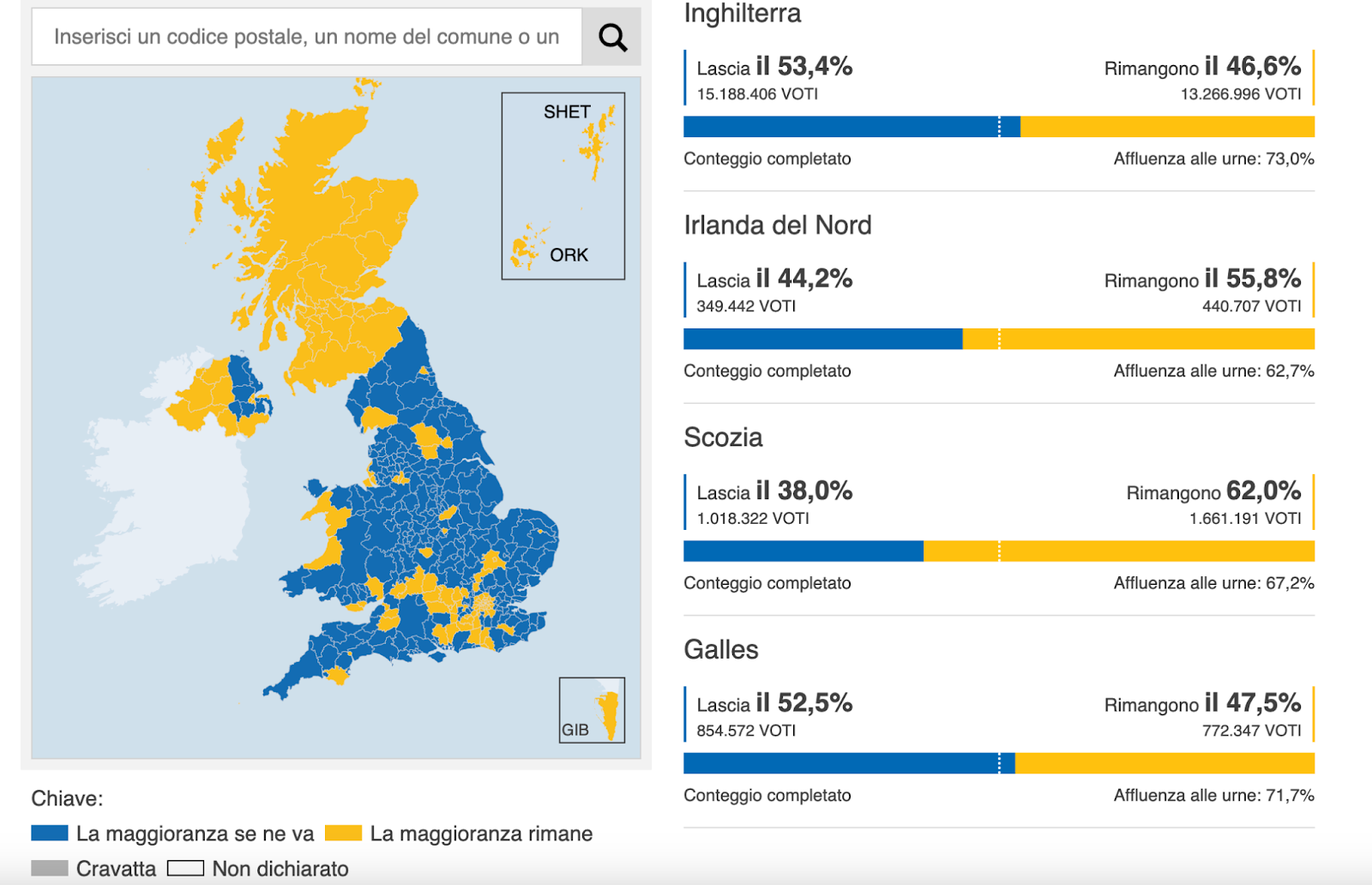 Immagine Regno Unito colorato in base a percentuale di voto, a destra grafico a barra con votazioni per Paese