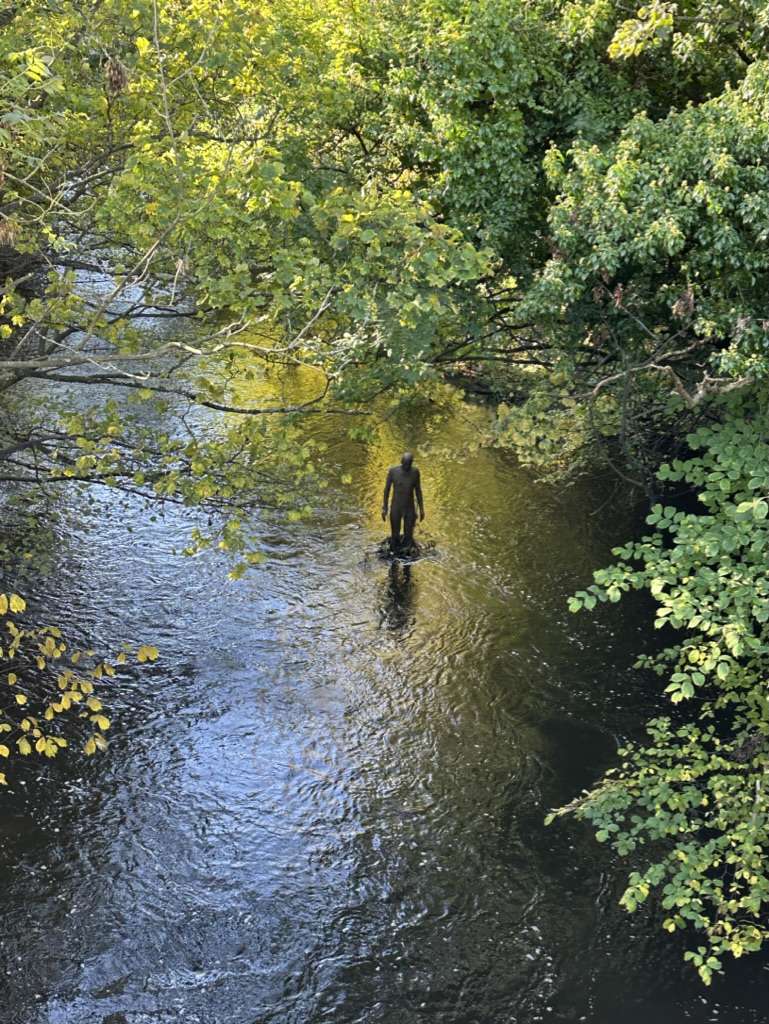 Statua di uomo nel fiume di Water of Leith e alberi sulle sponde e sopra