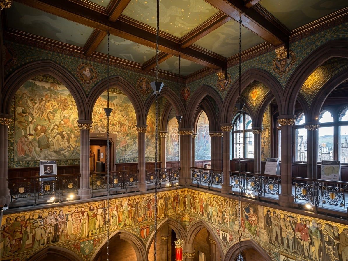 L'opulenta Great Hall della Scottish National Portrait Gallery a Edimburgo, in una veduta dell'upper gallery. L'immagine mostra l'architettura gotica, le iscrizioni dorate leggibili (come "A HALL OF SCOTTISH HEROES AND ICONS") e i dettagli dei ritratti murali storici.