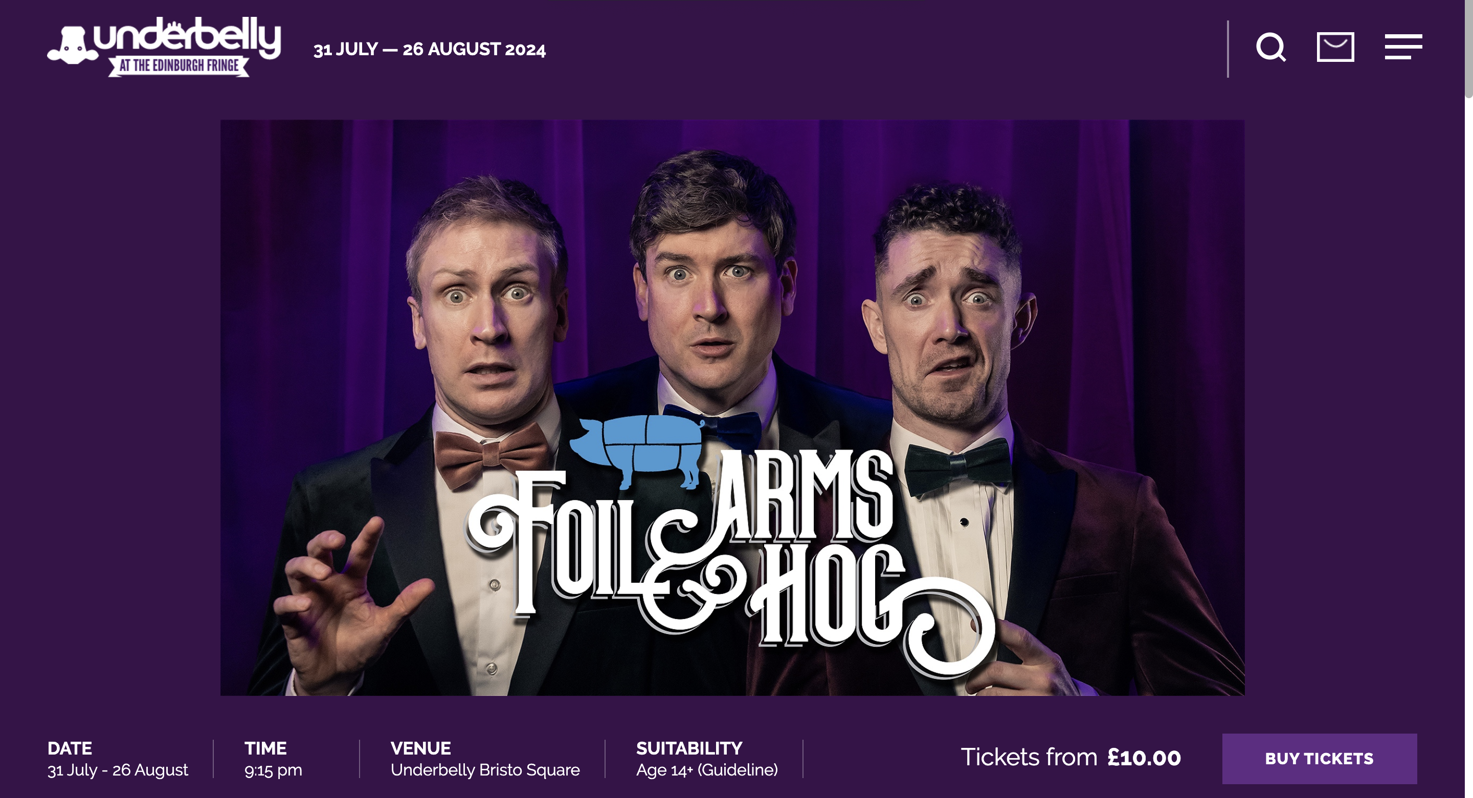 Screenshot con foto di tre ragazzi e scritta 'foil arms and hog' per il fringe festival di edimburgo 2024