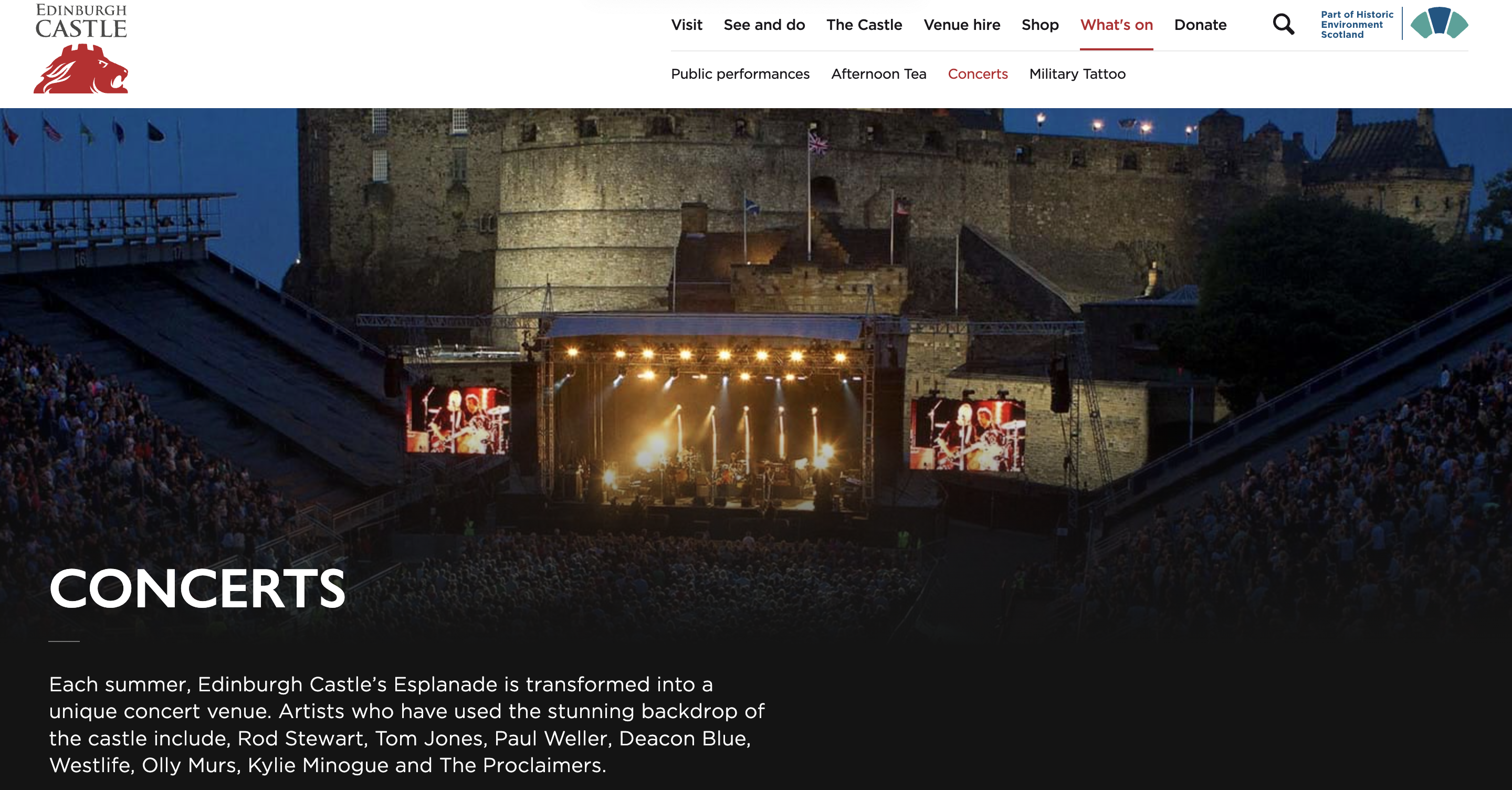 screenshot sito castello con tribune per eventi a edimburgo a luglio