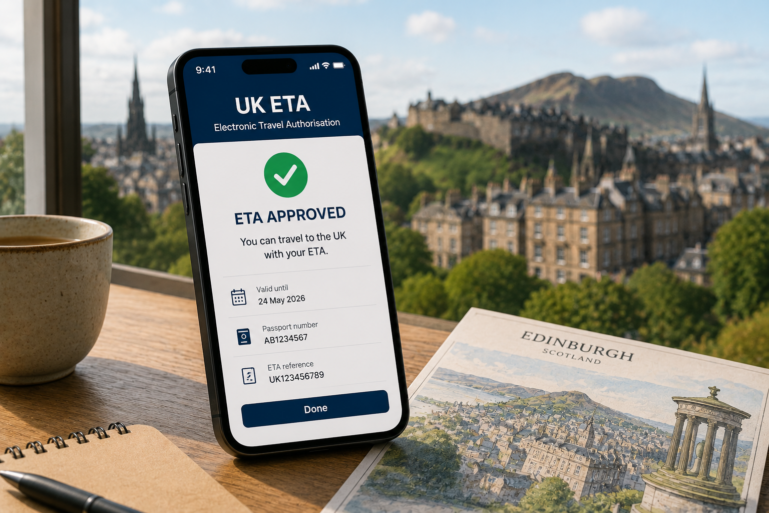 Telefono con conferma dell'ETA e Edimburgo sullo sfondo