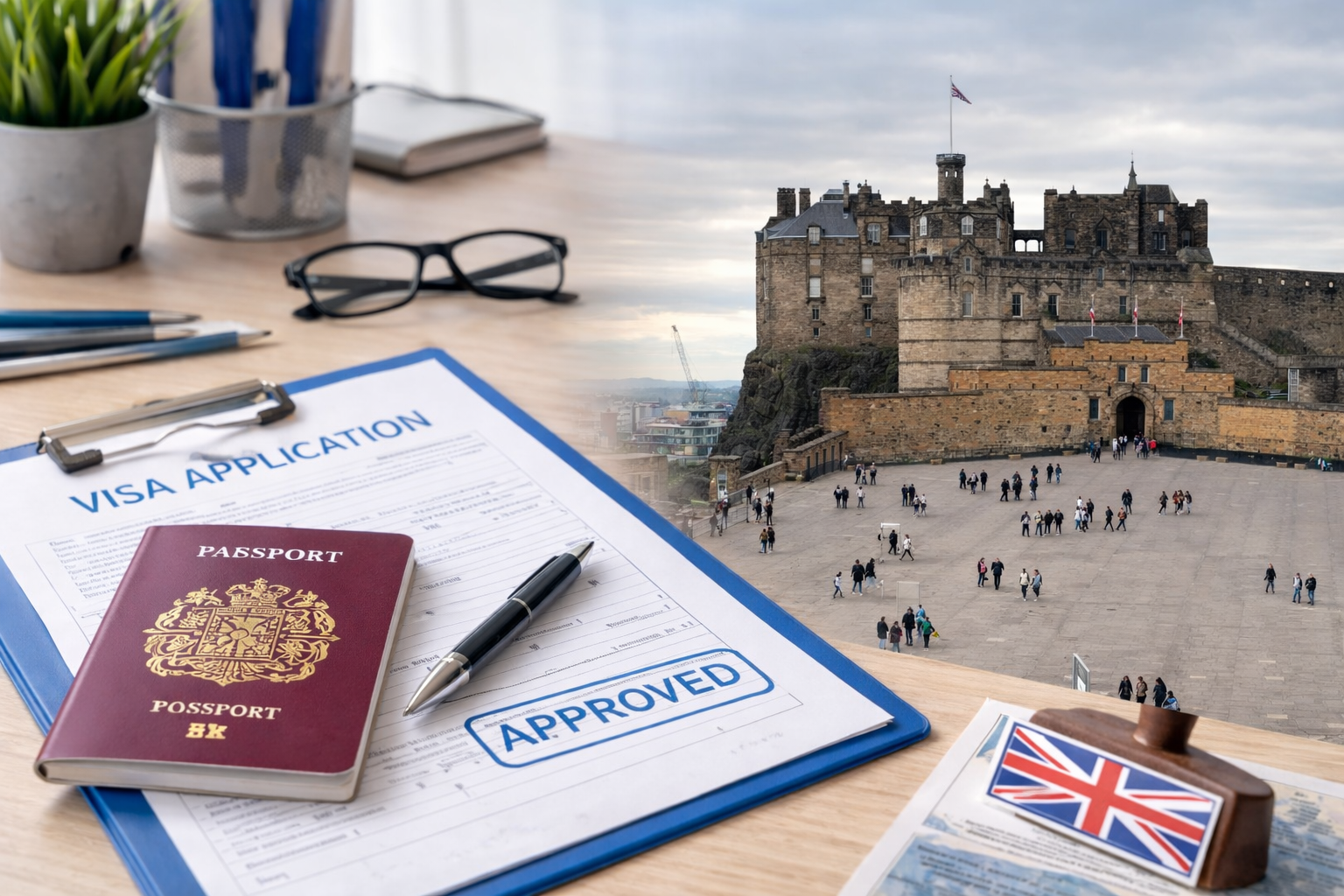 Persona con documenti e laptop per richiedere lo Skilled Worker Visa a Edimburgo, con il castello sullo sfondo
