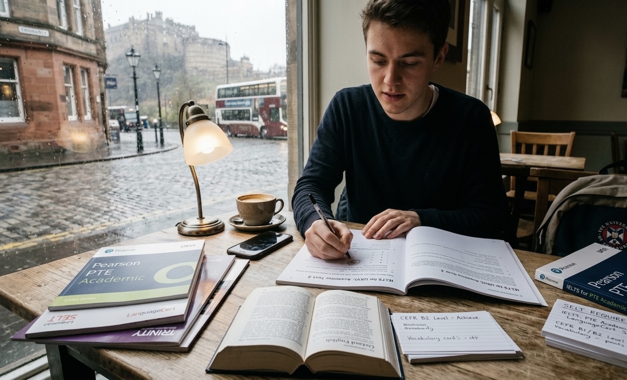 Fotografia in un caffè di Edimburgo con studente che prepara i test di inglese SELT (IELTS, PTE Academic UKVI, LanguageCert) per il visto del Regno Unito, con dizionario aperto e appunti