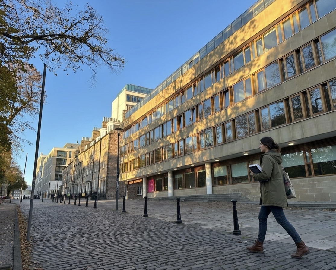 Studentessa che cammina davanti all'edificio George Square dell'Università di Edimburgo sotto il sole.