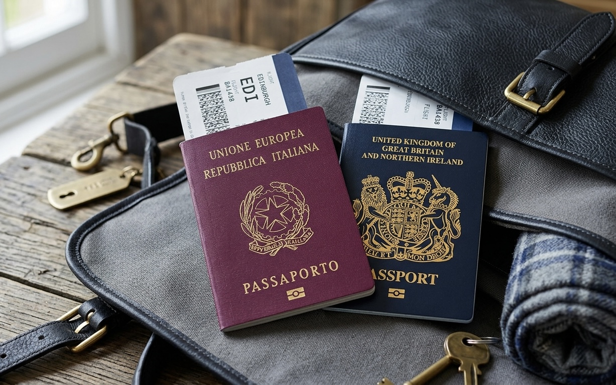 Passaporto italiano e britannico corretti con boarding pass per Edimburgo in una borsa da viaggio.