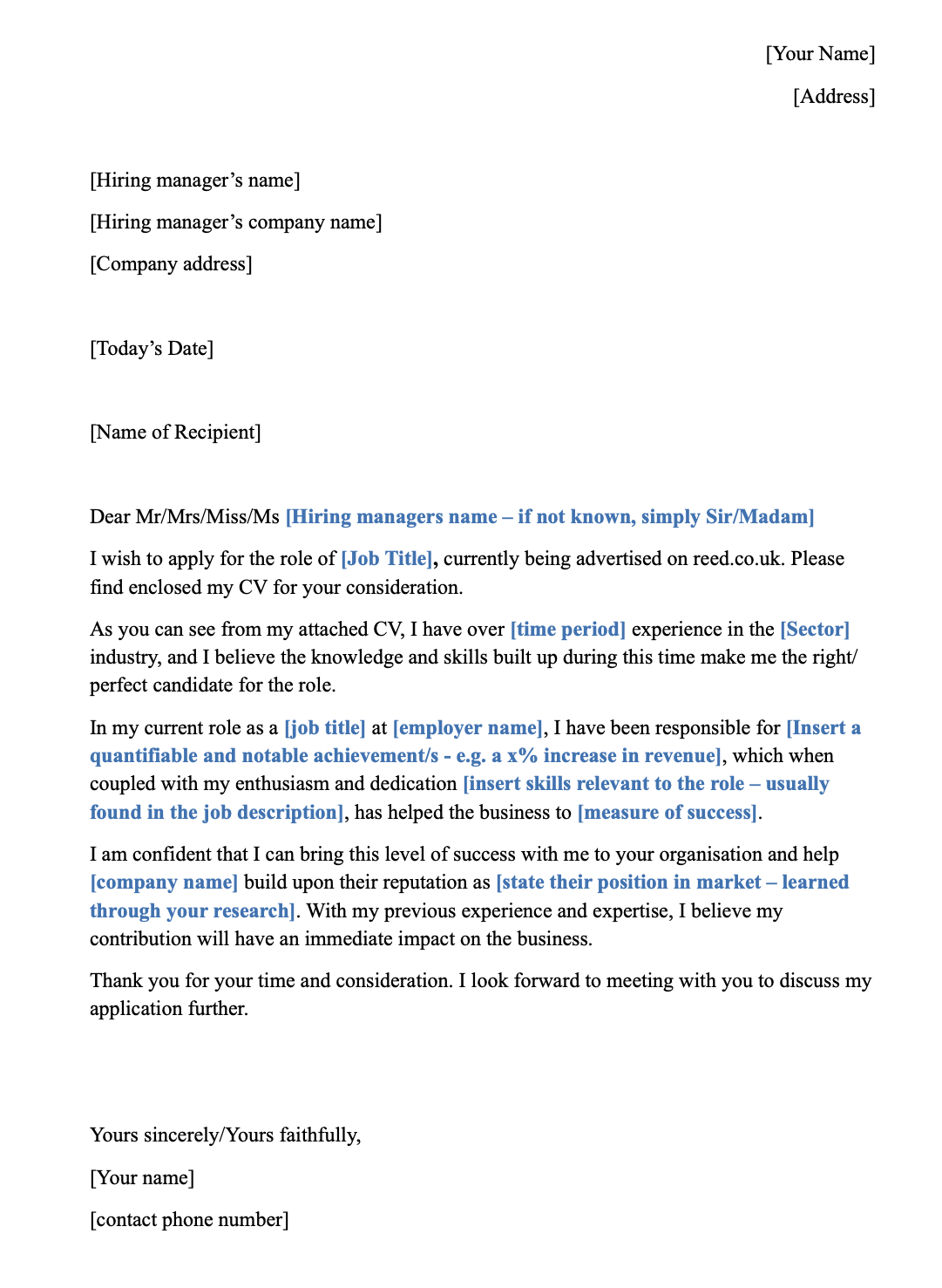 Uno screenshot che mostra un esempio strutturato di cover letter (lettera di presentazione) in inglese per candidarsi a un lavoro a Edimburgo, con intestazione formale e cinque paragrafi.