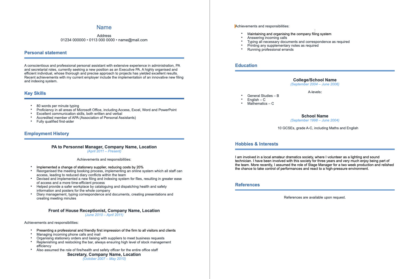 Esempio di CV in stile britannico (UK-style) per cercare lavoro a Edimburgo, senza foto e con struttura a elenchi puntati.