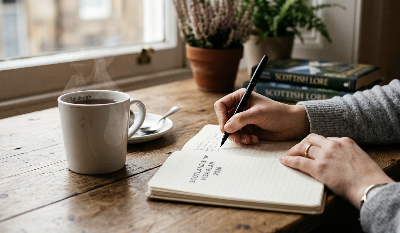 Primo piano di una mano che scrive su un quaderno per pianificare la domanda di Skilled Worker Visa per il Regno Unito, con una tazza di tè su un tavolo di legno.