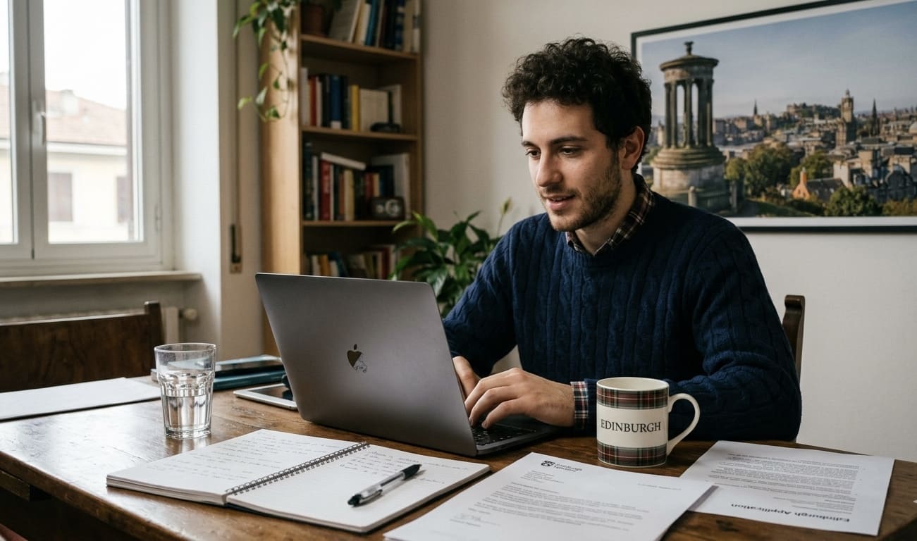 Ragazzo davanti al laptop con tazza e quadro di Edimburgo che si prepara per un colloquio di lavoro online