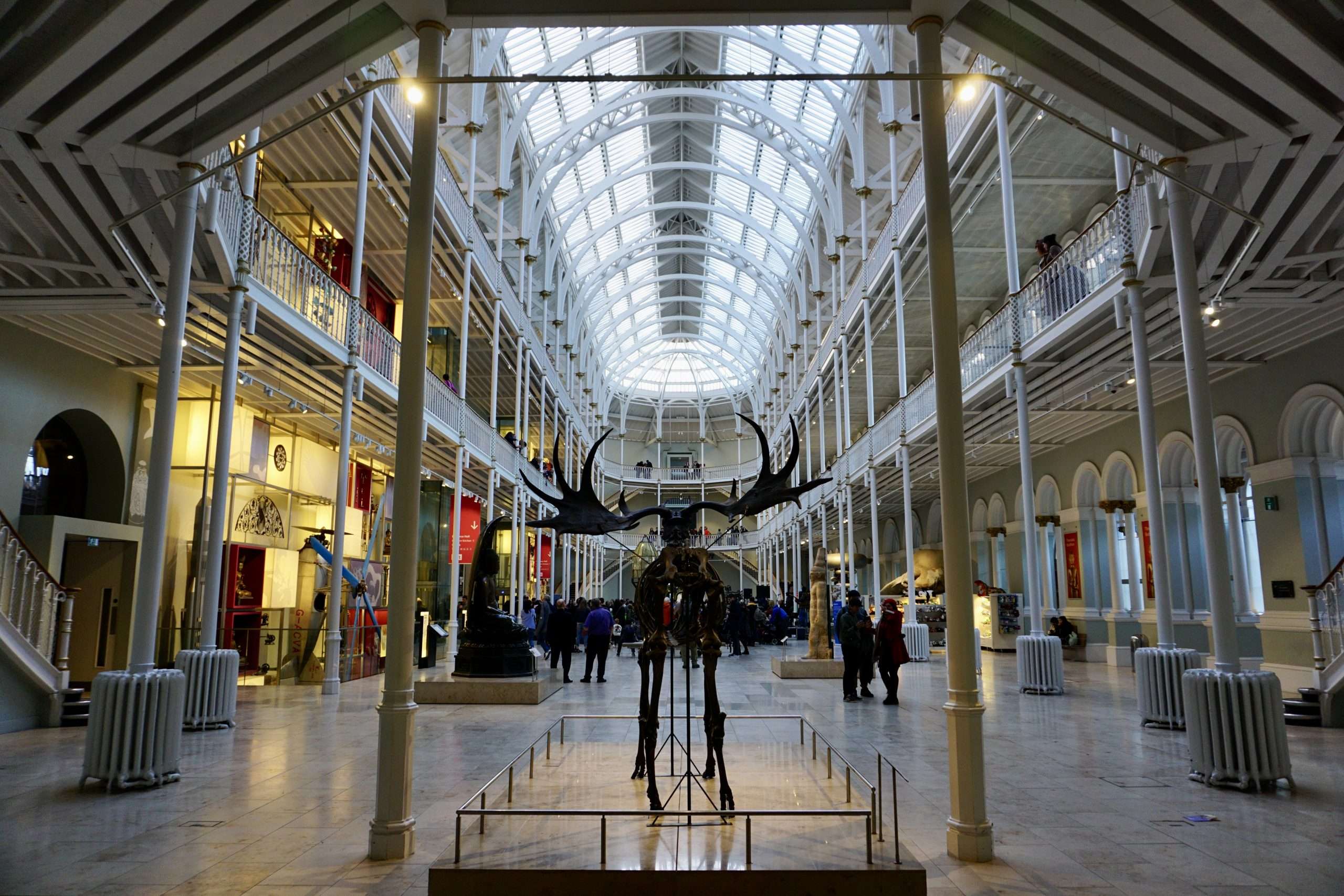 La Grand Gallery del National Museum of Scotland a Edimburgo con la sua struttura gotica in ferro e vetro bianco, persone che camminano e lo scheletro dell'alce irlandese preistorico in primo piano.