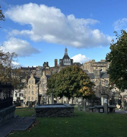 Prato con tombe al cimitero di Greyfriars e vista dei palazzi della città